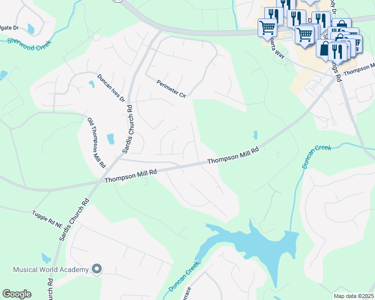 map of restaurants, bars, coffee shops, grocery stores, and more near 2546 Summer Song Way Northeast in Buford