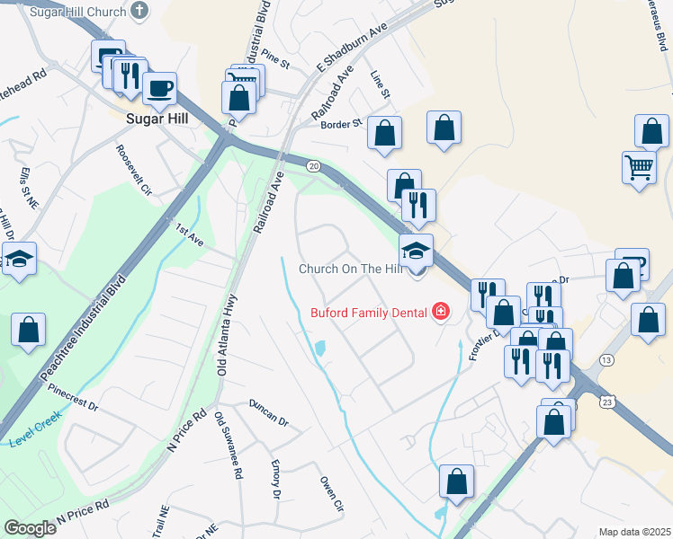map of restaurants, bars, coffee shops, grocery stores, and more near 1400 Hidden Circle in Sugar Hill