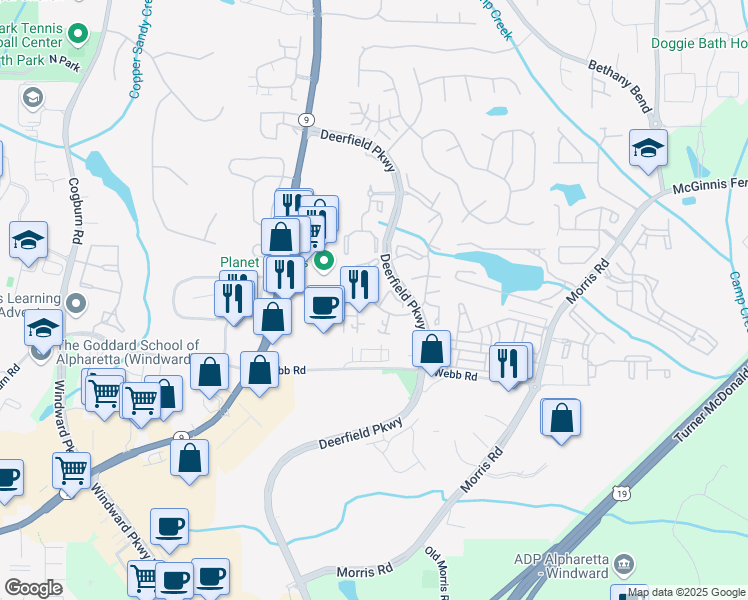 map of restaurants, bars, coffee shops, grocery stores, and more near 1026 Whitshire Way in Alpharetta
