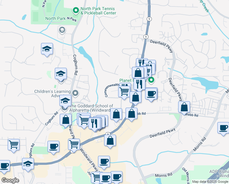 map of restaurants, bars, coffee shops, grocery stores, and more near 2931 Commonwealth Circle in Alpharetta