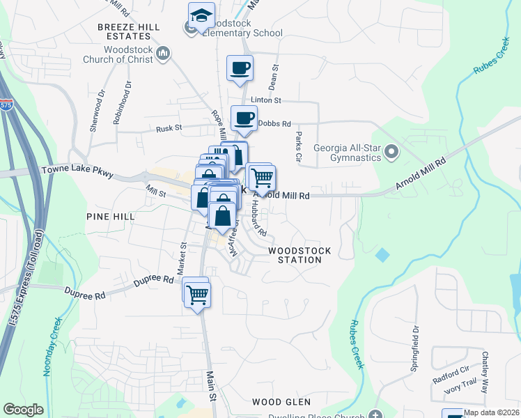map of restaurants, bars, coffee shops, grocery stores, and more near 511 Carpenter Way in Woodstock