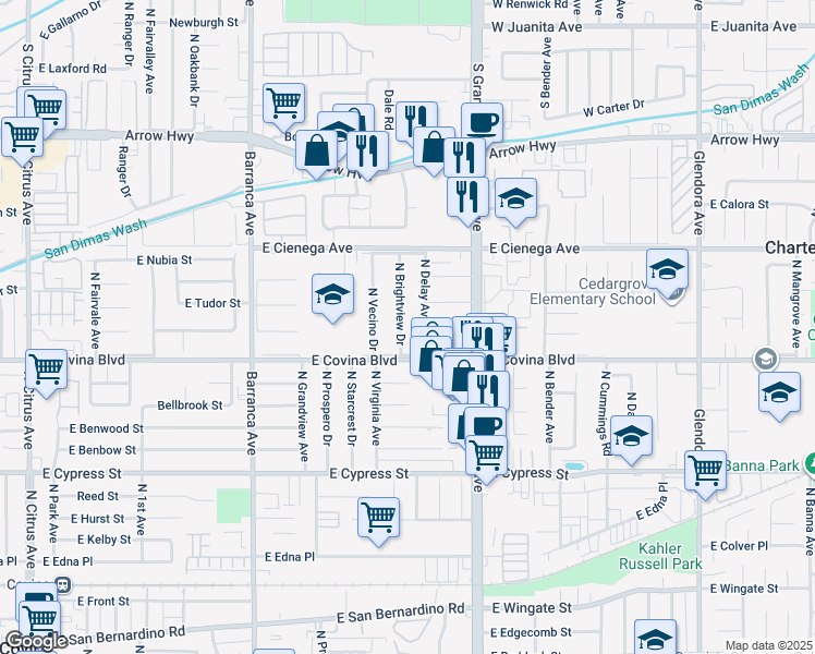 map of restaurants, bars, coffee shops, grocery stores, and more near 4830 North Brightview Drive in Covina