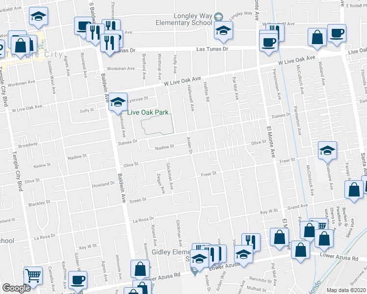 map of restaurants, bars, coffee shops, grocery stores, and more near 10248 Nadine Street in Temple City