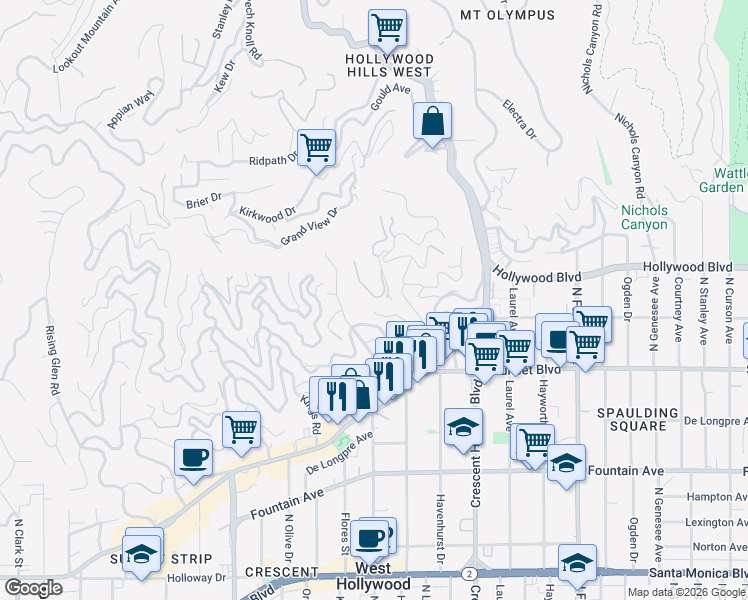 map of restaurants, bars, coffee shops, grocery stores, and more near 1635 Woods Drive in Los Angeles