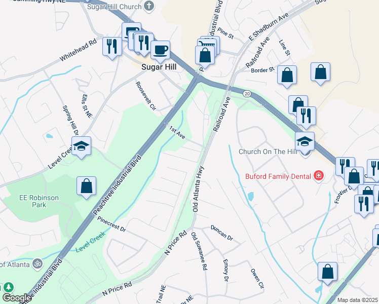 map of restaurants, bars, coffee shops, grocery stores, and more near 4768 Sylvan Street in Sugar Hill