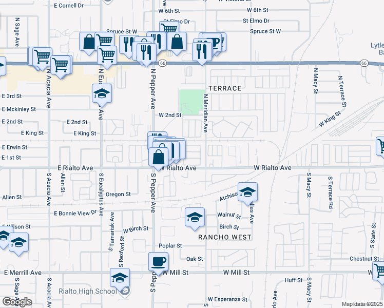 map of restaurants, bars, coffee shops, grocery stores, and more near North Meridian Avenue in San Bernardino