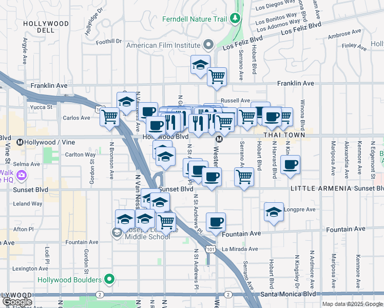 map of restaurants, bars, coffee shops, grocery stores, and more near 5545 Carlton Way in Los Angeles