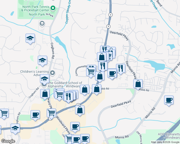 map of restaurants, bars, coffee shops, grocery stores, and more near 3129 Commonwealth Way in Alpharetta