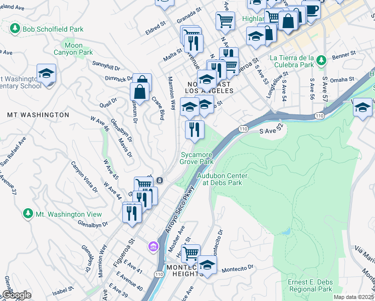 map of restaurants, bars, coffee shops, grocery stores, and more near 4707 North Figueroa Street in Los Angeles