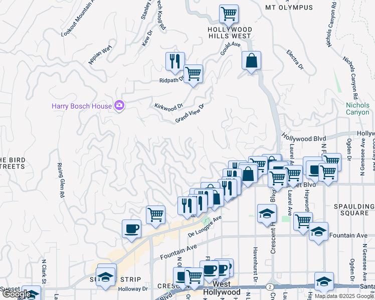 map of restaurants, bars, coffee shops, grocery stores, and more near 8540 Hillside Avenue in Los Angeles