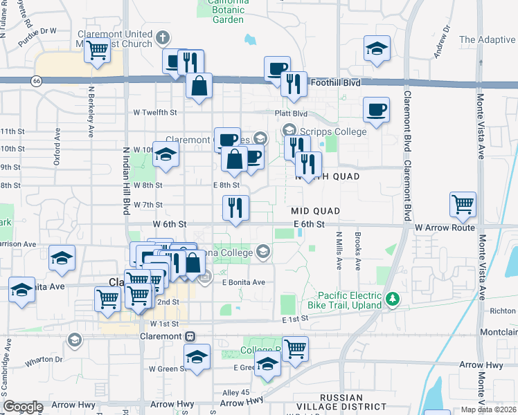 map of restaurants, bars, coffee shops, grocery stores, and more near 700 North College Way in Claremont