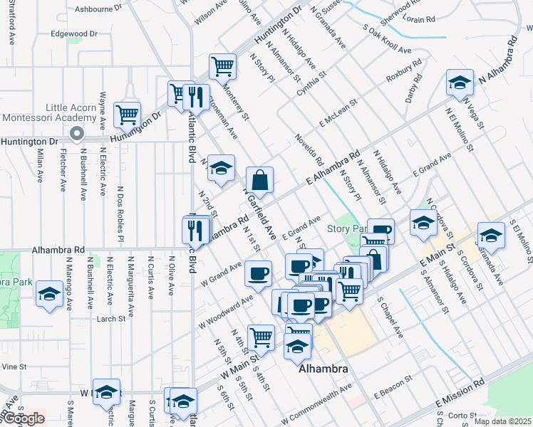 map of restaurants, bars, coffee shops, grocery stores, and more near 100 East Alhambra Road in Alhambra