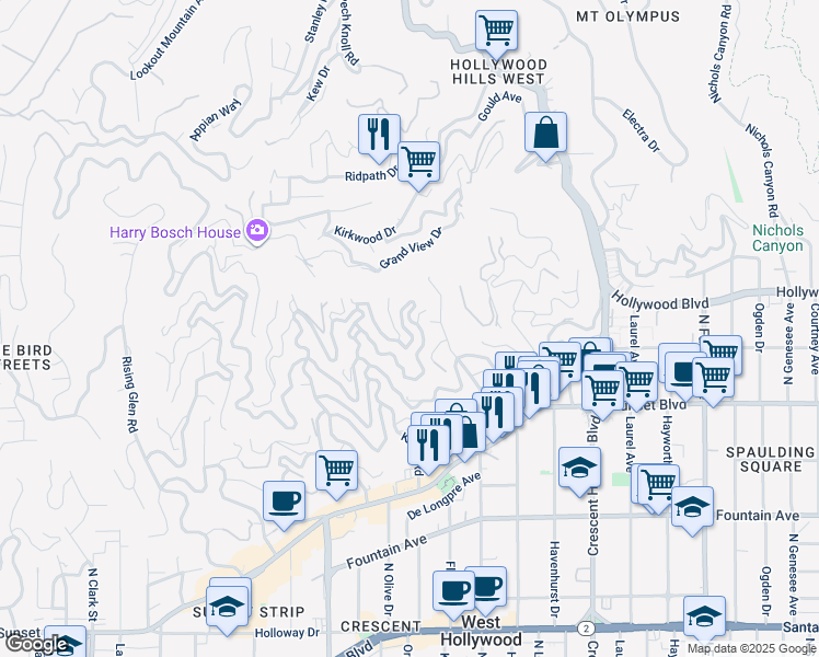 map of restaurants, bars, coffee shops, grocery stores, and more near 8540 Hillside Avenue in Los Angeles
