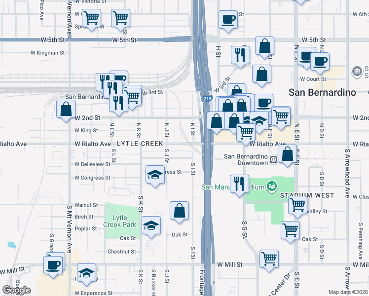 map of restaurants, bars, coffee shops, grocery stores, and more near 980 West Rialto Avenue in San Bernardino