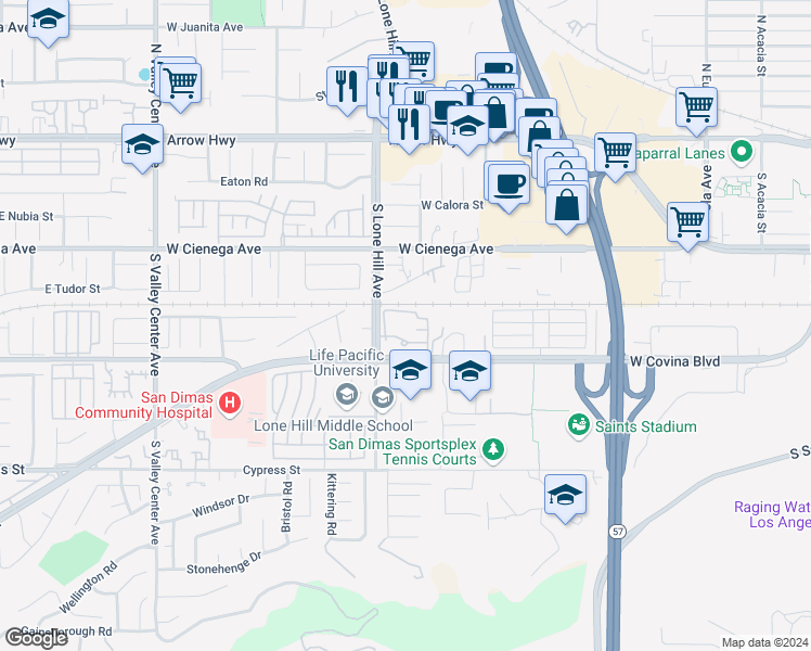 map of restaurants, bars, coffee shops, grocery stores, and more near 520 Derby Road in San Dimas
