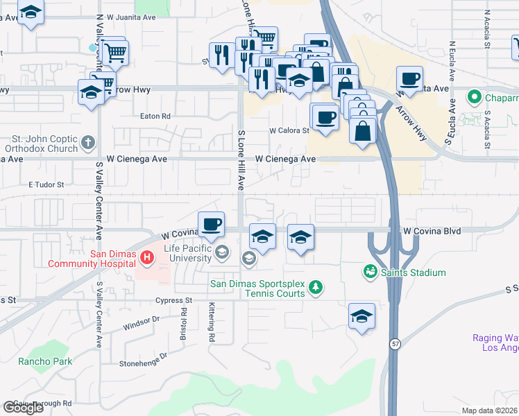 map of restaurants, bars, coffee shops, grocery stores, and more near 544 Derby Road in San Dimas