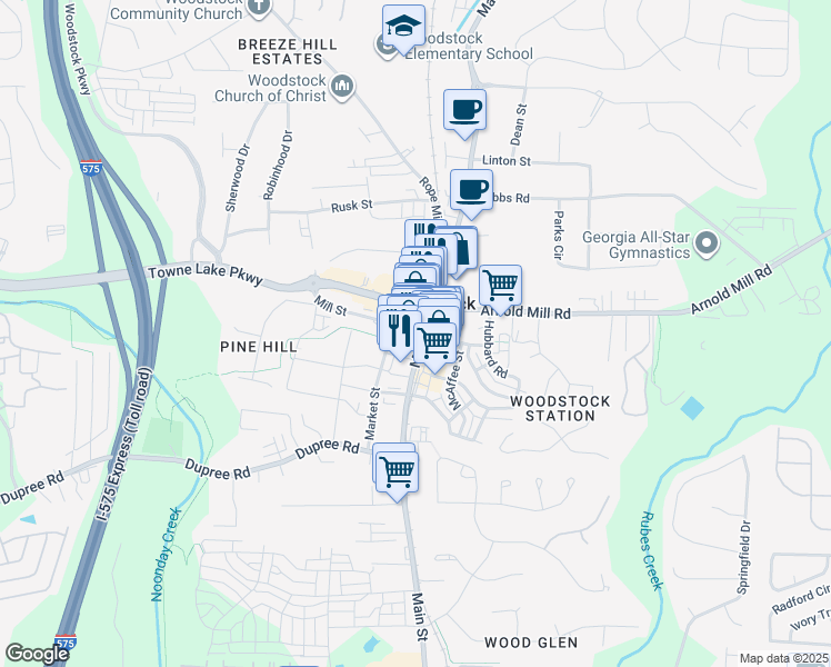 map of restaurants, bars, coffee shops, grocery stores, and more near 665 Elm Drive in Woodstock