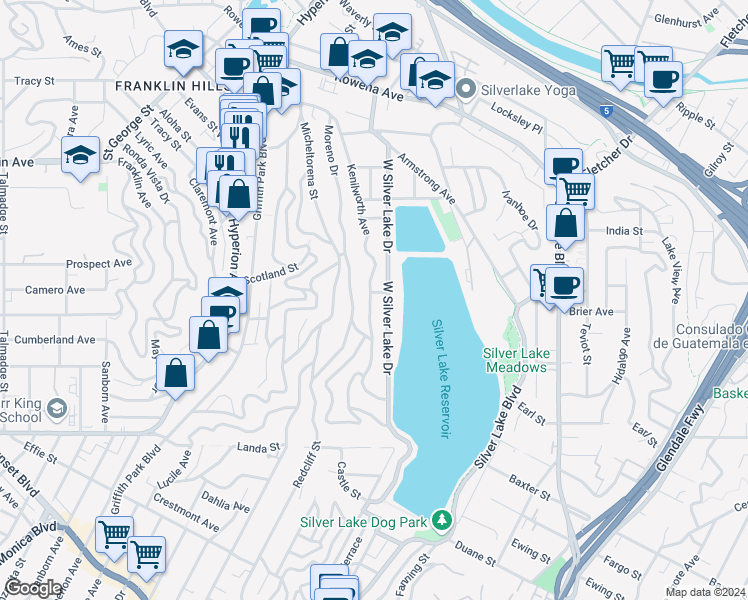 map of restaurants, bars, coffee shops, grocery stores, and more near 2252 Kenilworth Avenue in Los Angeles