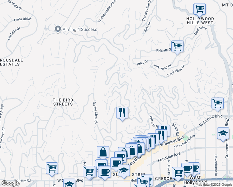 map of restaurants, bars, coffee shops, grocery stores, and more near 1625 Sunset Plaza Drive in West Hollywood