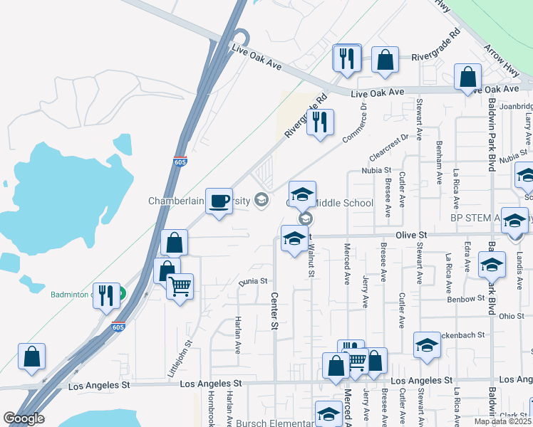 map of restaurants, bars, coffee shops, grocery stores, and more near 4910 Rivergrade Road in Irwindale