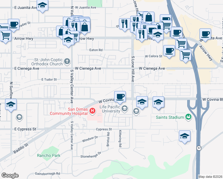 map of restaurants, bars, coffee shops, grocery stores, and more near 1205 Stratford Lane in San Dimas
