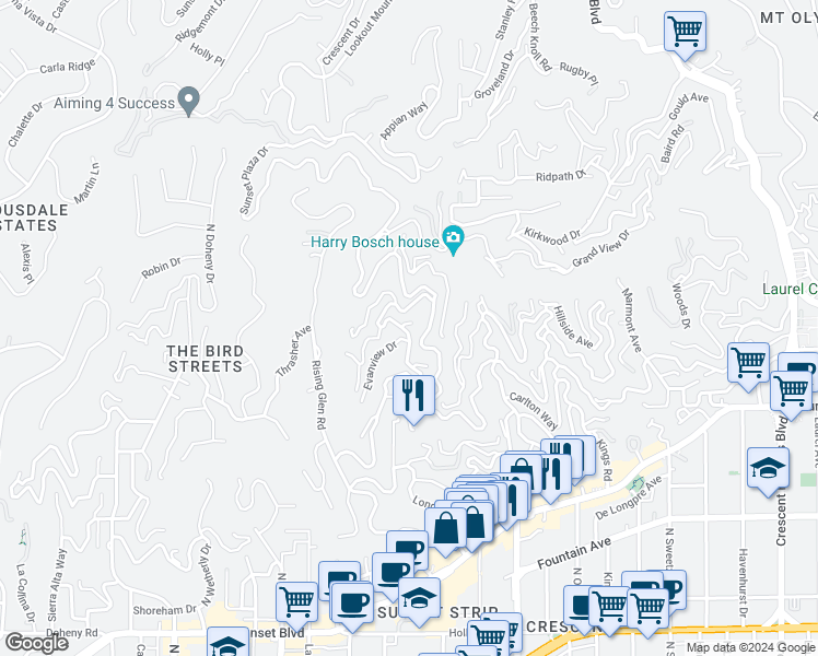 map of restaurants, bars, coffee shops, grocery stores, and more near 1612 Sunset Plaza Drive in Los Angeles