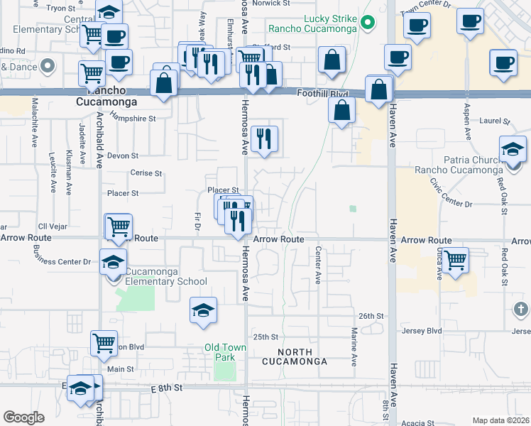 map of restaurants, bars, coffee shops, grocery stores, and more near 8426 Western Trail Place in Rancho Cucamonga