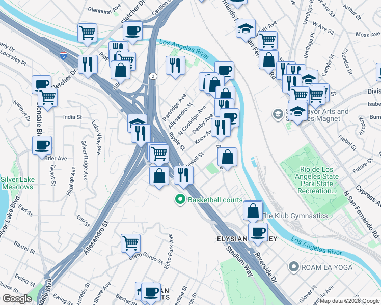 map of restaurants, bars, coffee shops, grocery stores, and more near 2711 Knox Avenue in Los Angeles