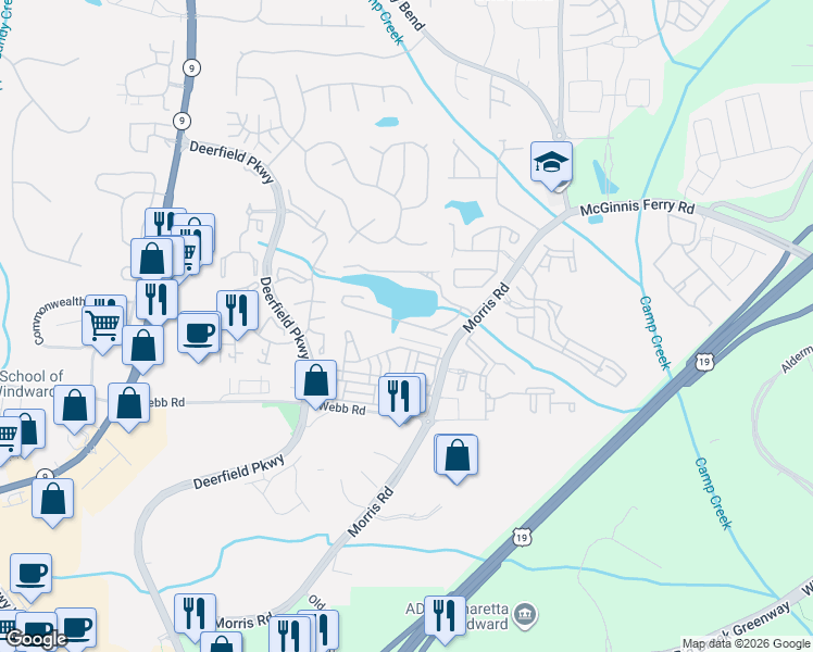 map of restaurants, bars, coffee shops, grocery stores, and more near 3413 Lathenview Court in Alpharetta