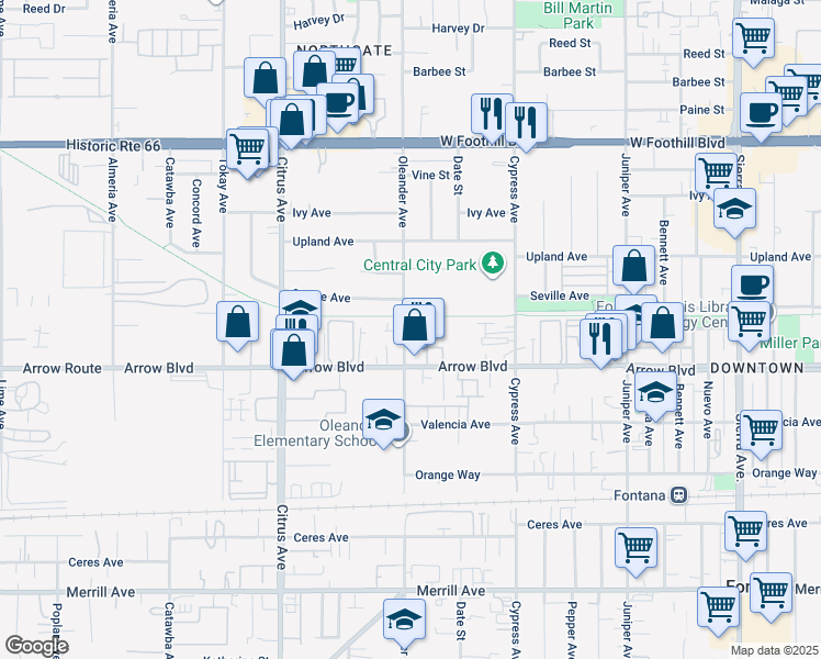 map of restaurants, bars, coffee shops, grocery stores, and more near 8427 Oleander Avenue in Fontana