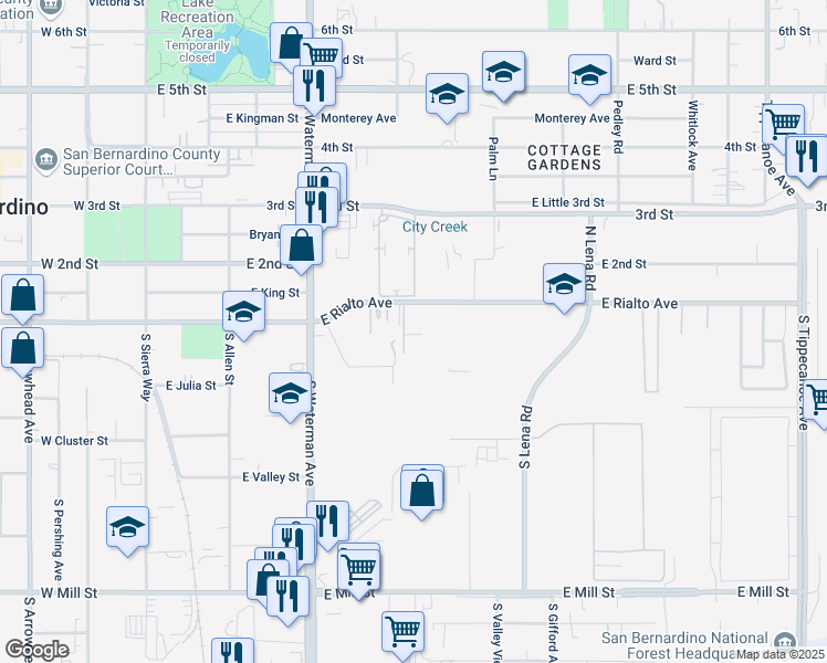 map of restaurants, bars, coffee shops, grocery stores, and more near 525 East Rialto Avenue in San Bernardino