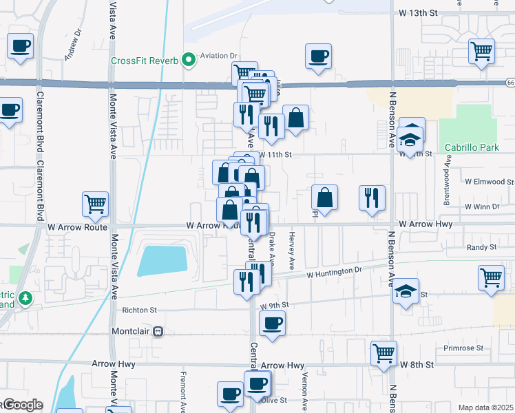 map of restaurants, bars, coffee shops, grocery stores, and more near 571 North Central Avenue in Upland
