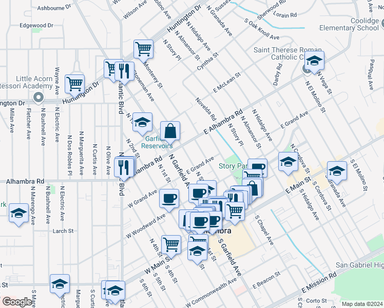 map of restaurants, bars, coffee shops, grocery stores, and more near 518 North Stoneman Avenue in Alhambra