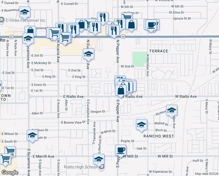 map of restaurants, bars, coffee shops, grocery stores, and more near 2930 East Rialto Avenue in Rialto