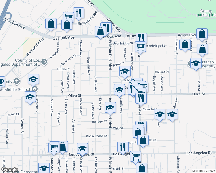 map of restaurants, bars, coffee shops, grocery stores, and more near 14210 Anada Street in Baldwin Park