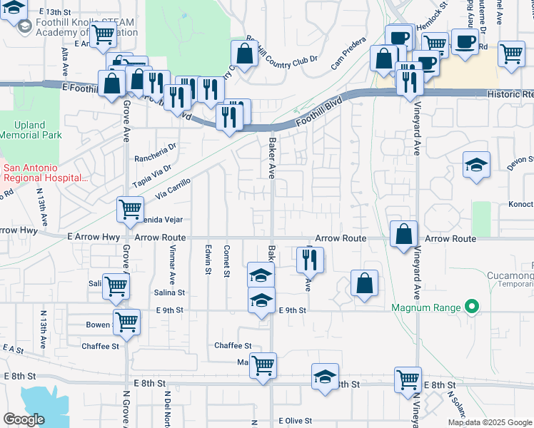 map of restaurants, bars, coffee shops, grocery stores, and more near 8430 Baker Avenue in Rancho Cucamonga