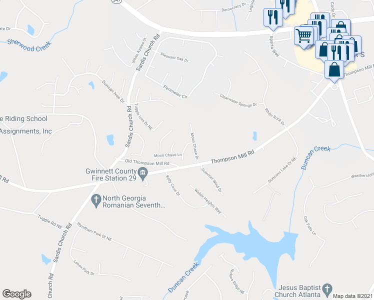 map of restaurants, bars, coffee shops, grocery stores, and more near 2546 Summer Song Way Northeast in Buford