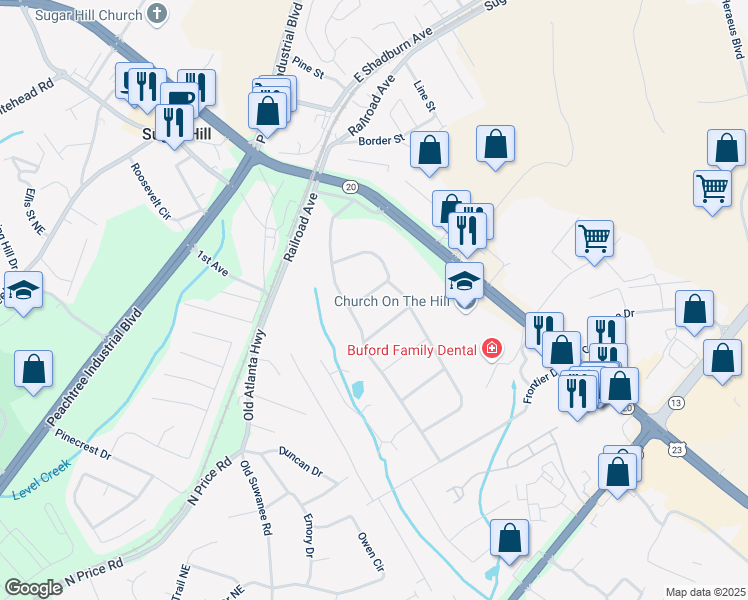 map of restaurants, bars, coffee shops, grocery stores, and more near 1400 Hidden Circle in Sugar Hill