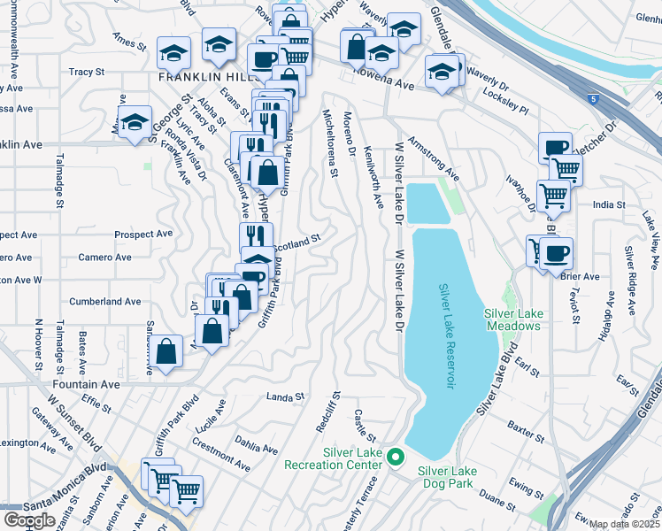 map of restaurants, bars, coffee shops, grocery stores, and more near 2284 Panorama Terrace in Los Angeles