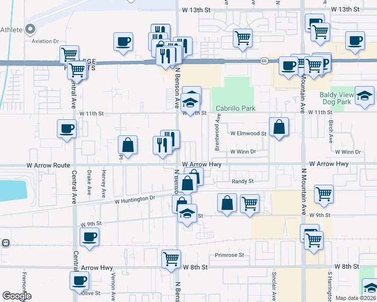 map of restaurants, bars, coffee shops, grocery stores, and more near 1565 West Arrow Highway in Upland
