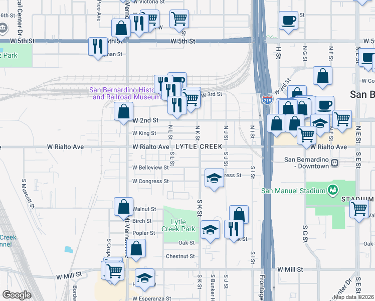map of restaurants, bars, coffee shops, grocery stores, and more near 1129 West Rialto Avenue in San Bernardino