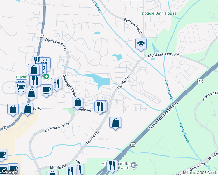map of restaurants, bars, coffee shops, grocery stores, and more near 13108 Fasherstone Dr in Alpharetta