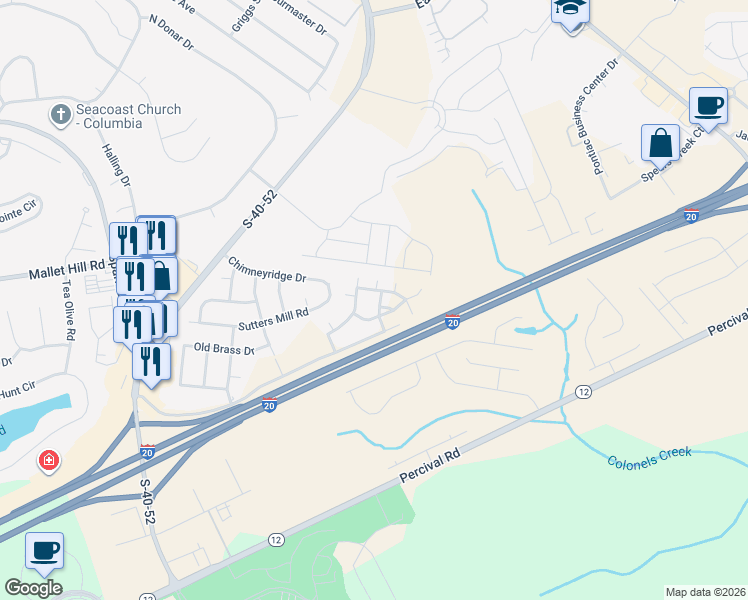 map of restaurants, bars, coffee shops, grocery stores, and more near 1155 Clemson Frontage Road in Columbia
