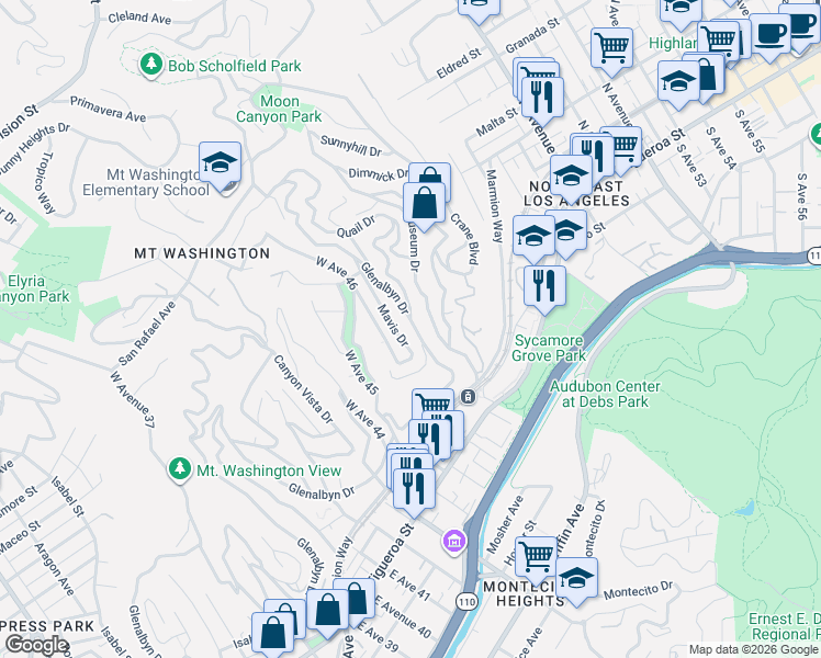 map of restaurants, bars, coffee shops, grocery stores, and more near 4683 Glenalbyn Drive in Los Angeles