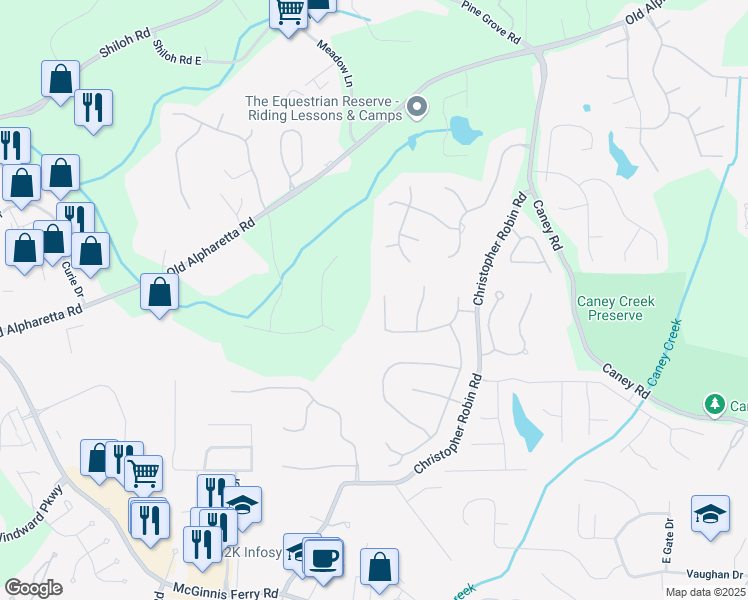map of restaurants, bars, coffee shops, grocery stores, and more near 2400 Rose Walk Drive in Alpharetta