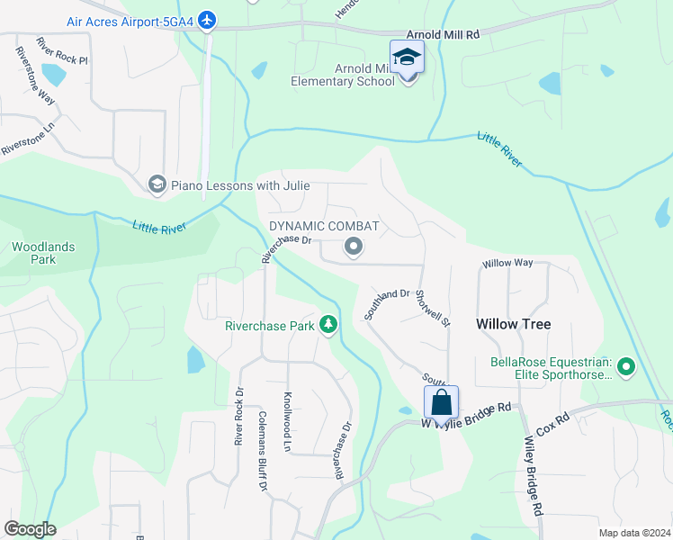 map of restaurants, bars, coffee shops, grocery stores, and more near 1310 Winding River Trail in Woodstock