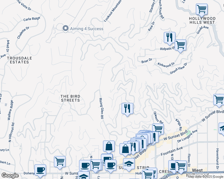 map of restaurants, bars, coffee shops, grocery stores, and more near 1851 Sunset Plaza Drive in Los Angeles