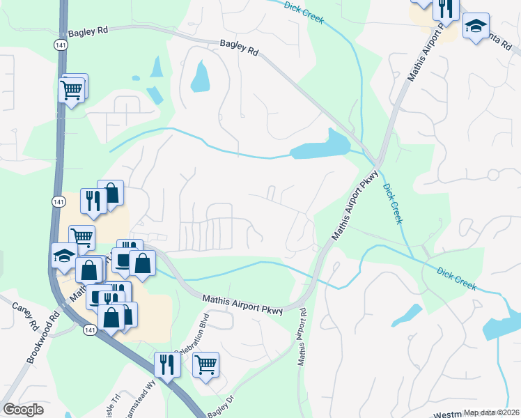 map of restaurants, bars, coffee shops, grocery stores, and more near 3825 Mathis Airpark Road in Suwanee