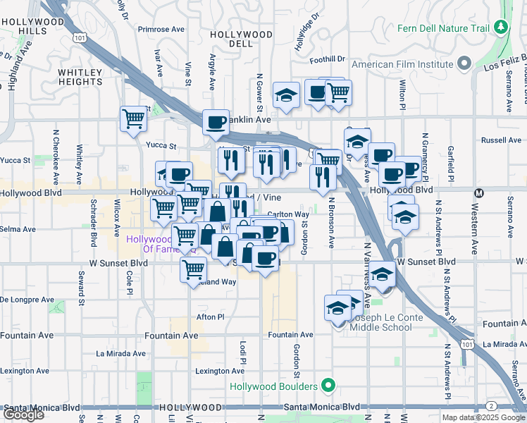 map of restaurants, bars, coffee shops, grocery stores, and more near 6041 Carlton Way in Los Angeles