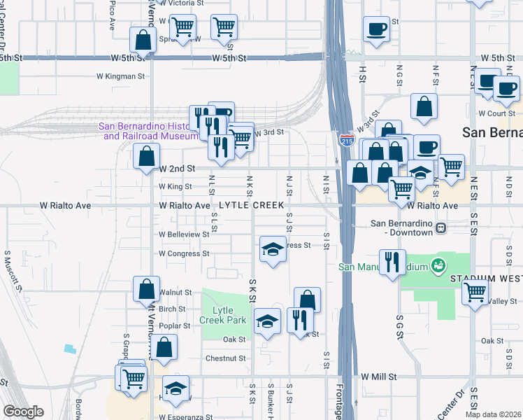 map of restaurants, bars, coffee shops, grocery stores, and more near 1096 West Rialto Avenue in San Bernardino